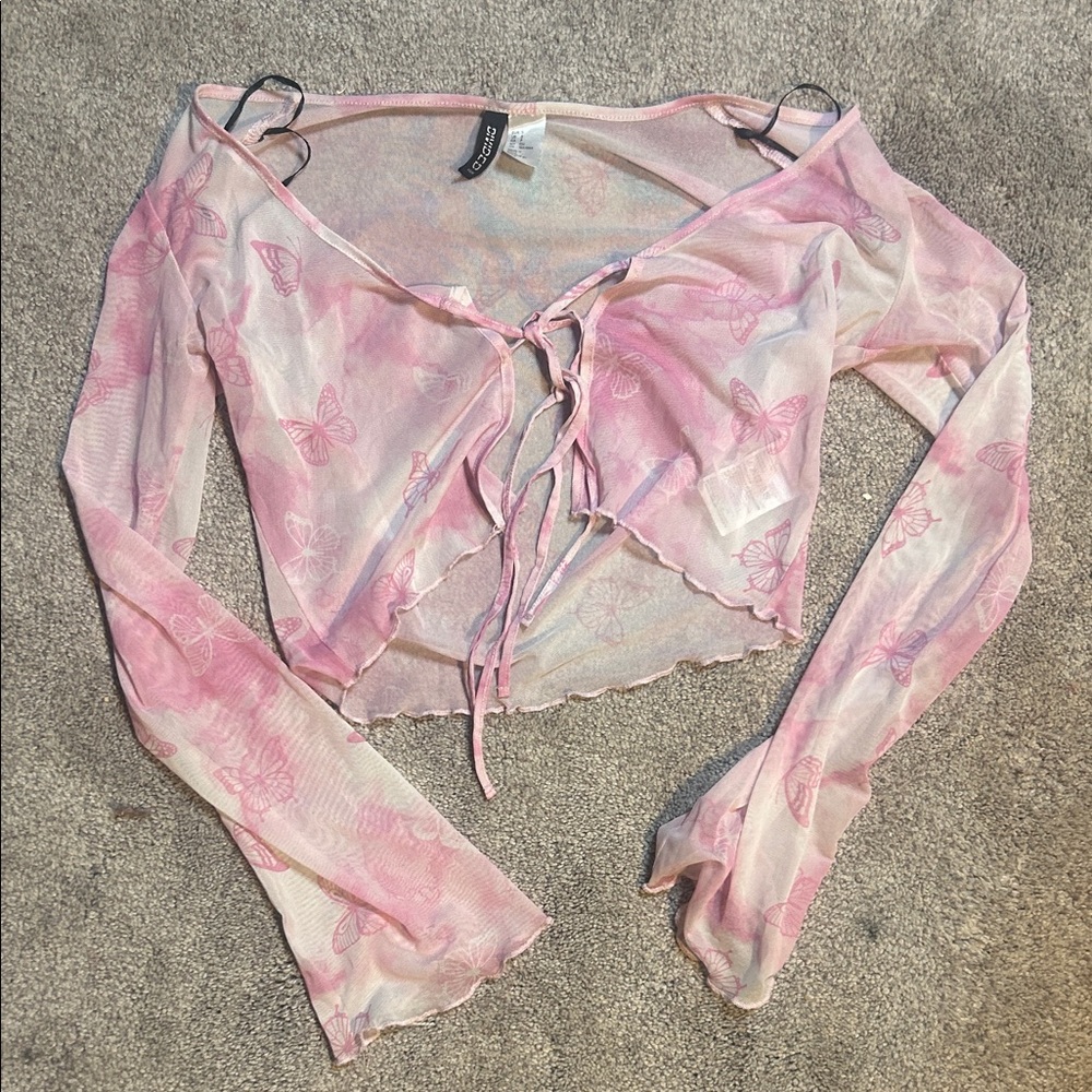 Divided Pink Butterfly Mesh Crop Top